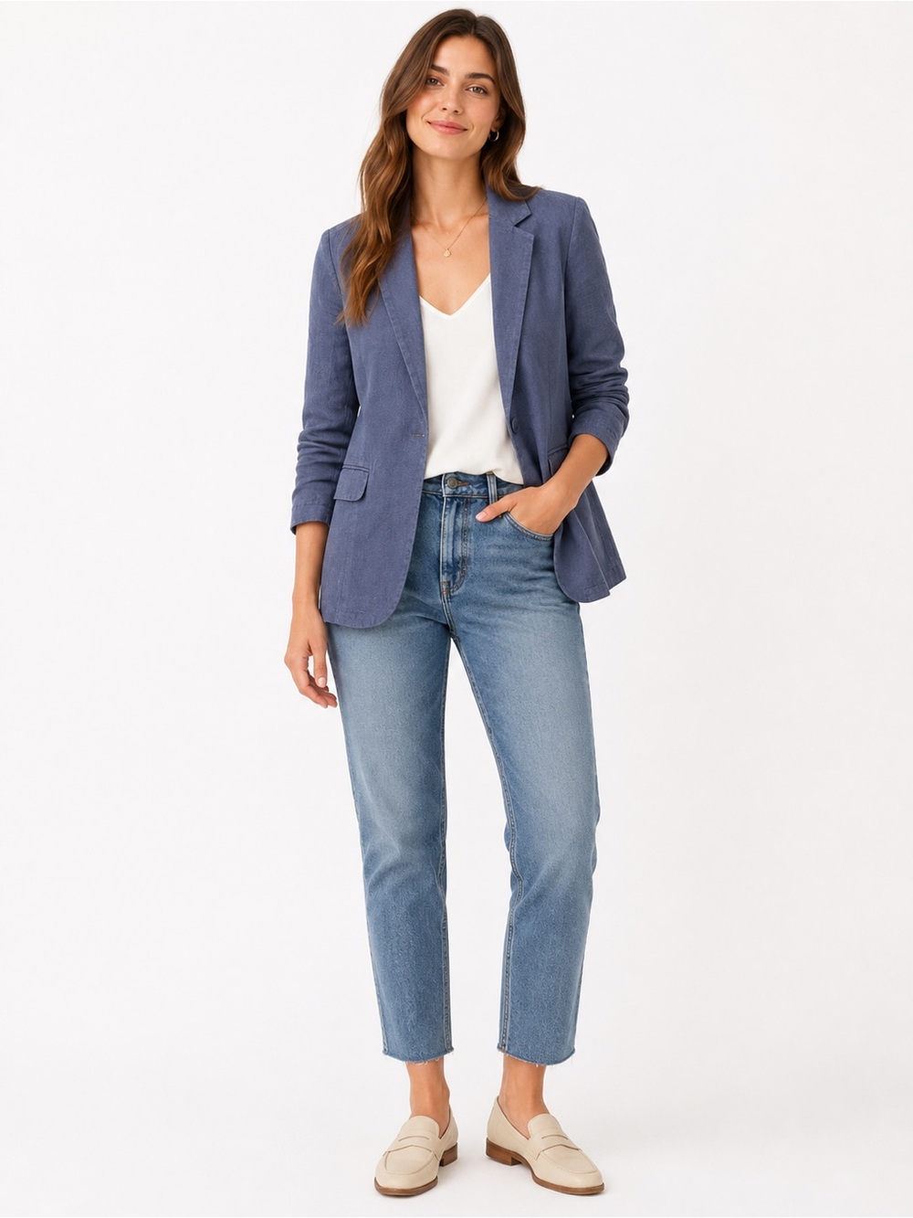 Halston Women’s 100% Linen Blue One-Button Blazer Jacket